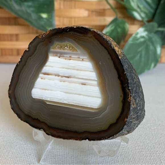 Thick Agate Geode Slab Slice Natural Crystal Gold Druzy Brazilian W Free Stand - Picture 7 of 10